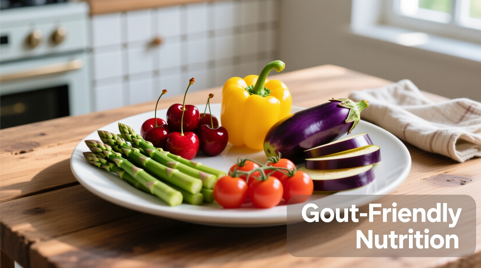 Colorful plate with gout-friendly foods like cherries and vegetables