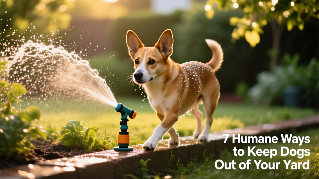 Close-up of a motion-activated sprinkler spraying water as a dog pauses mid-step near a garden border