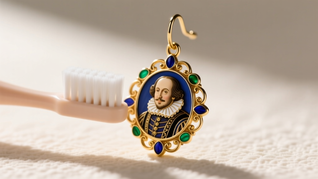 Soft baby toothbrush gently cleaning the intricate ruff collar details of a brass and enamel Shakespeare portrait drop earring