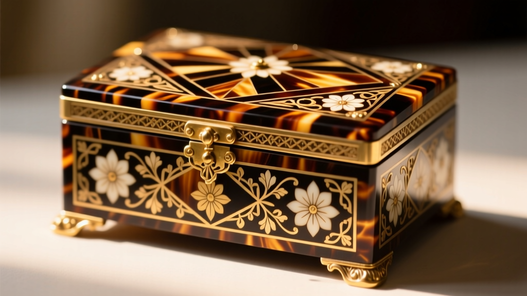 Close-up of Victorian tortoiseshell and brass Boulle work antique jewelry casket, highlighting intricate marquetry in warm light.