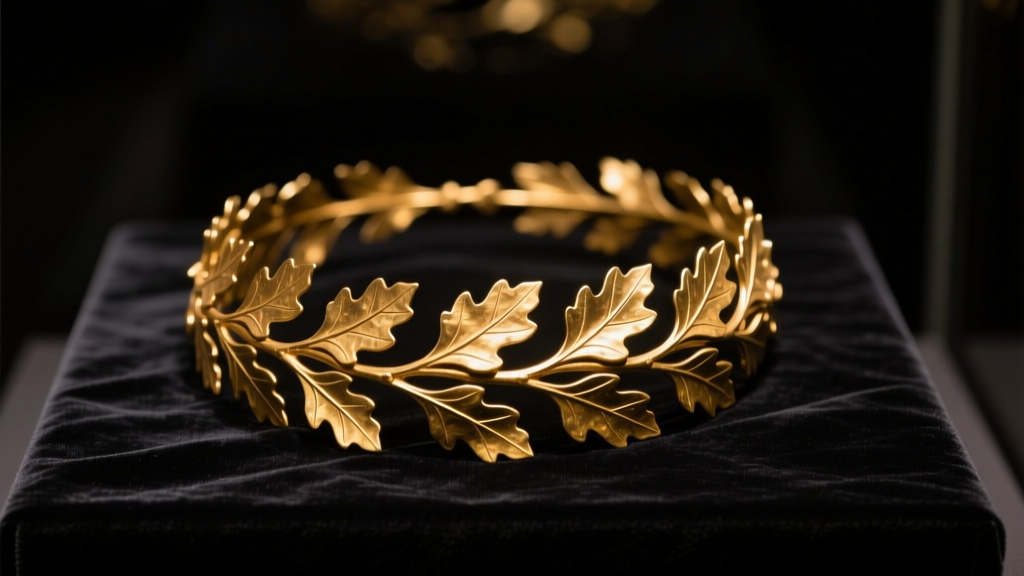 Hellenistic gold oak leaf wreath diadem with repoussé detailing, displayed on dark velvet under soft, directional museum lighting