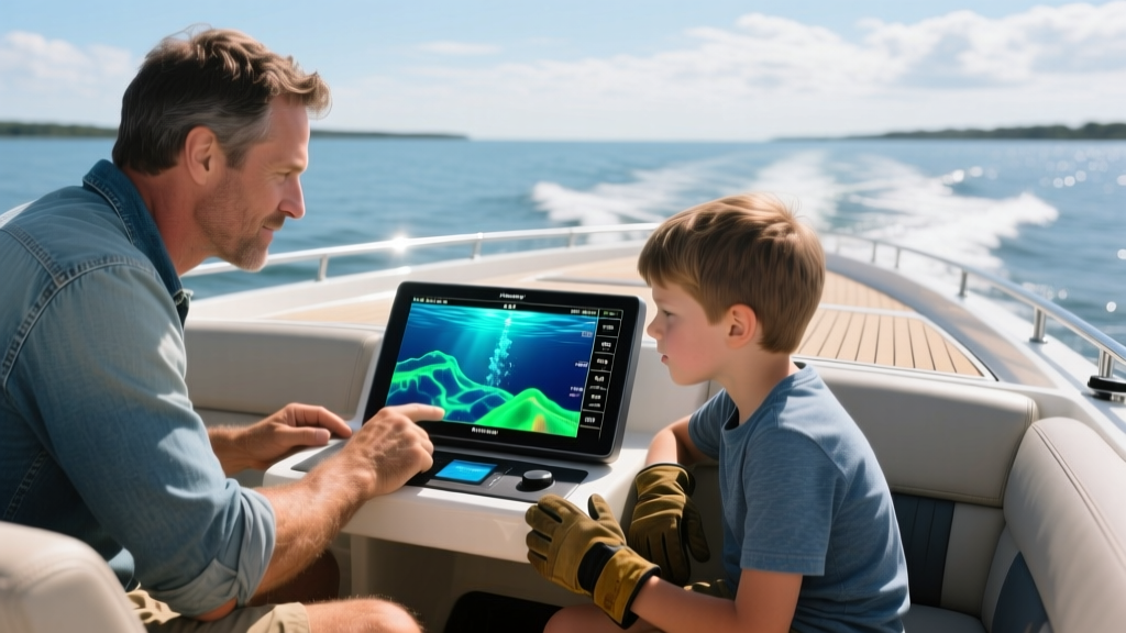 Father and son on the center console of a 24-foot bay boat, studying a glowing 16-inch marine GPS display showing AI-enhanced sonar returns