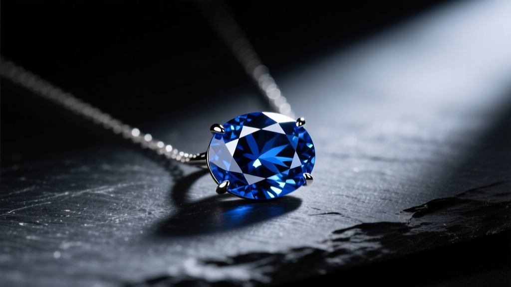 Close-up of an oval blue sapphire solitaire necklace on dark slate, illuminated by a spotlight to reveal deep blue facets.
