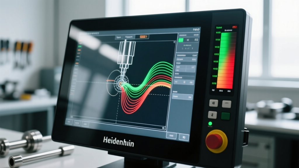 Close-up of a Heidenhain TNC 7 CNC controller screen displaying complex 5-axis toolpath simulation and spindle load meters