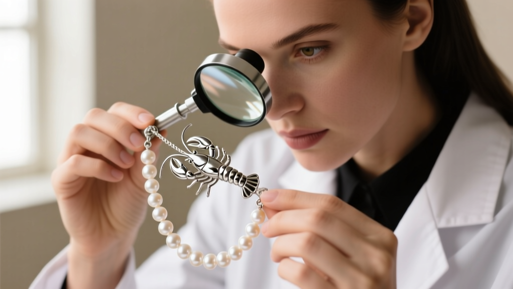 Jeweler using a loupe to inspect rhodium plating on a sterling silver lobster clasp attached to a knotted pearl strand.
