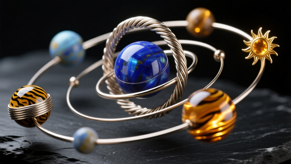 Macro view of titanium solar system hoops with wire-wrapped lapis and tiger eye planets on a dark slate background.