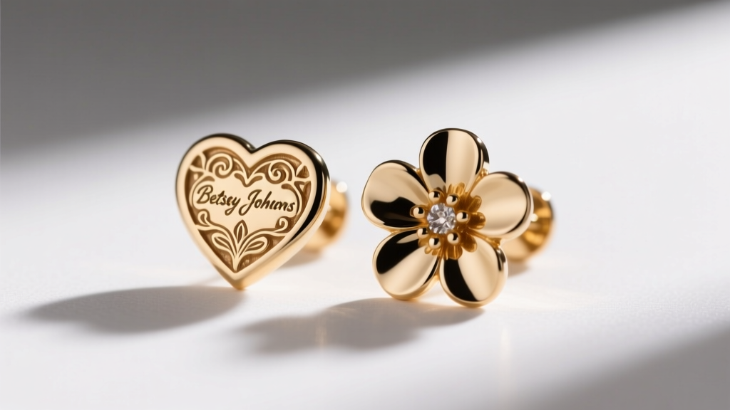 Close-up of an engraved heart hallmark on vintage Betsey Johnson flower earrings beside a smooth blank back on a fake