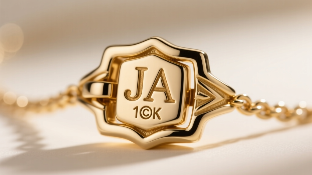 Extreme macro shot of a James Avery gold necklace clasp showing the stamped JA hallmark, 14K purity mark, and copyright symbol.