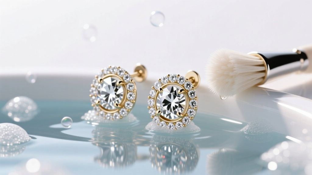 Close-up of white gold diamond halo earrings submerged in soapy water, with a soft-bristled jewelry brush resting on the rim.