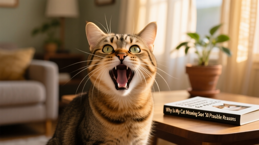 Close-up of a cat meowing with mouth open, eyes alert