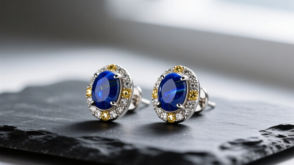 Macro shot of 925 sterling silver stud earrings with deep blue lapis lazuli cabochons and golden pyrite inclusions on dark slate