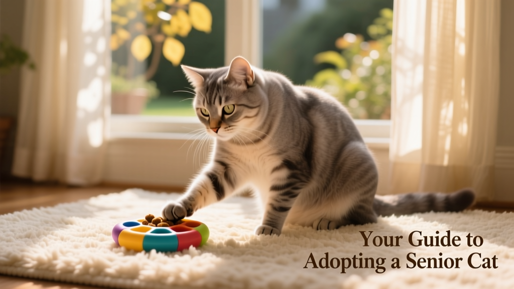 A senior cat gently interacting with a food puzzle toy while sitting on a soft rug near a sunny window