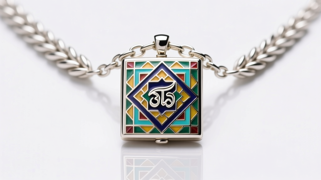 Silver wheat chain attached to a square taweez locket with geometric enamel patterns, shot in macro under bright studio light.