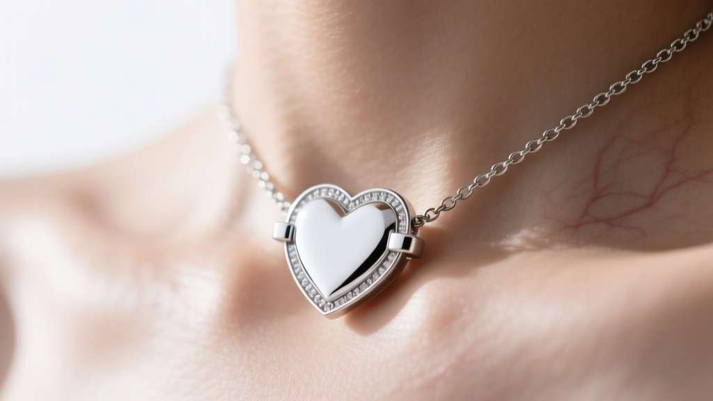 Macro view of a rhodium-plated silver heart necklace clasp on a bare collarbone, showing the bright, untarnished white metal
