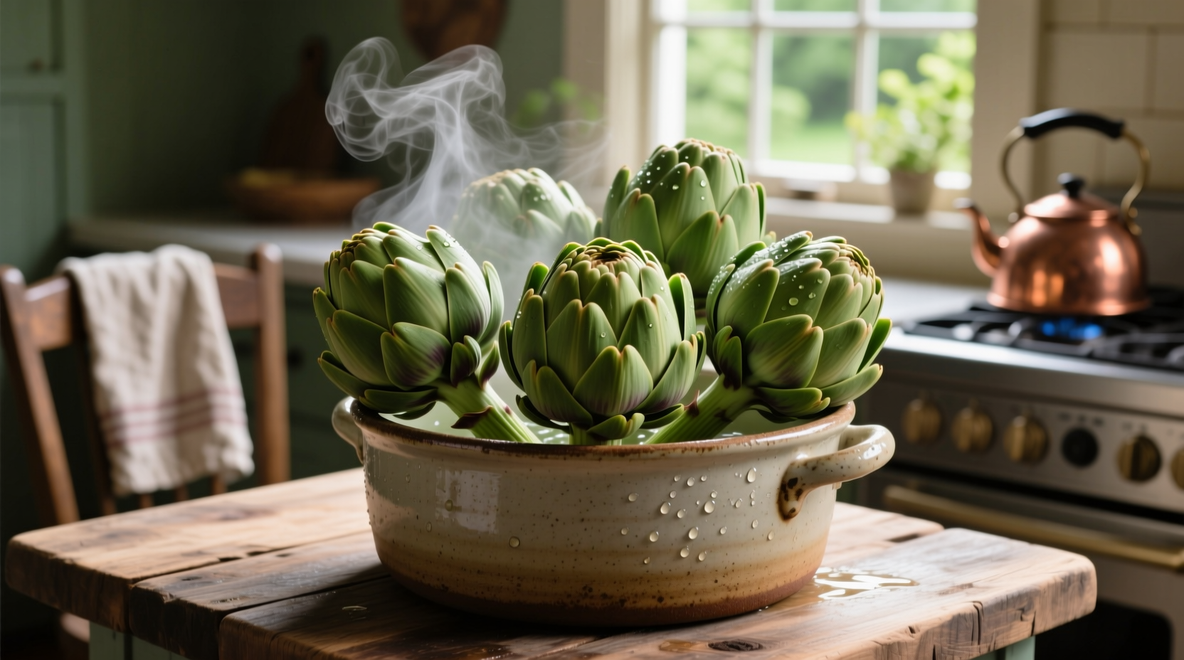 Fresh artichokes ready for steaming in a pot