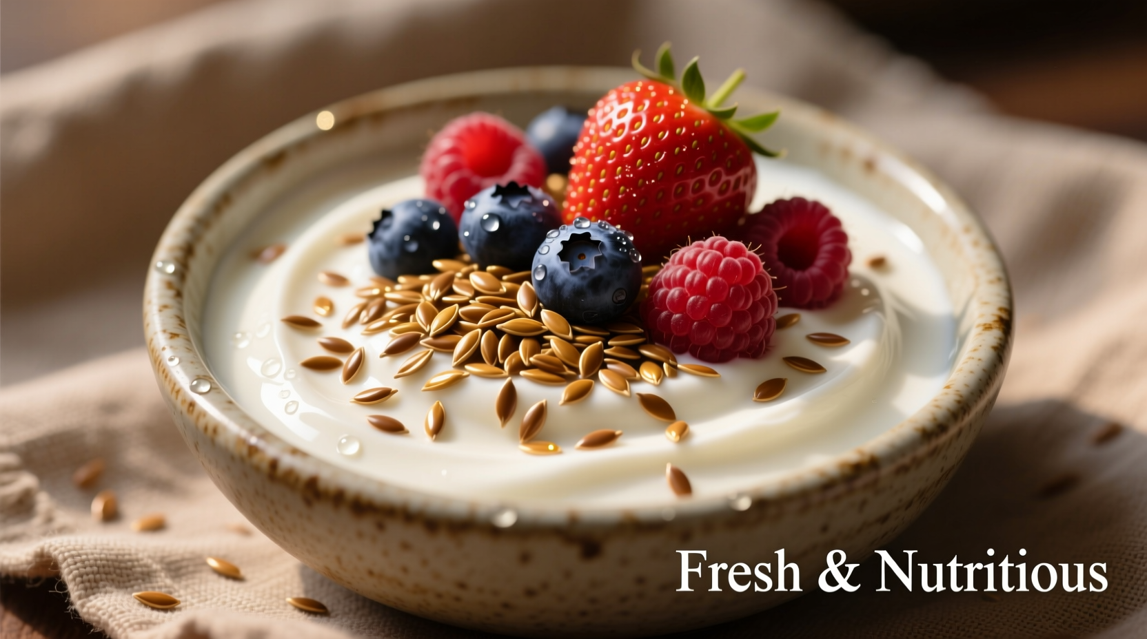 Ground flax seeds sprinkled on Greek yogurt with fresh berries