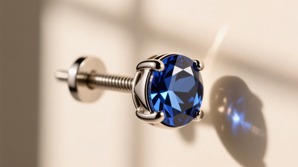 Macro shot of a titanium threadless push-pin earring post securely inserted into a decorative front with a bezel gemstone setting
