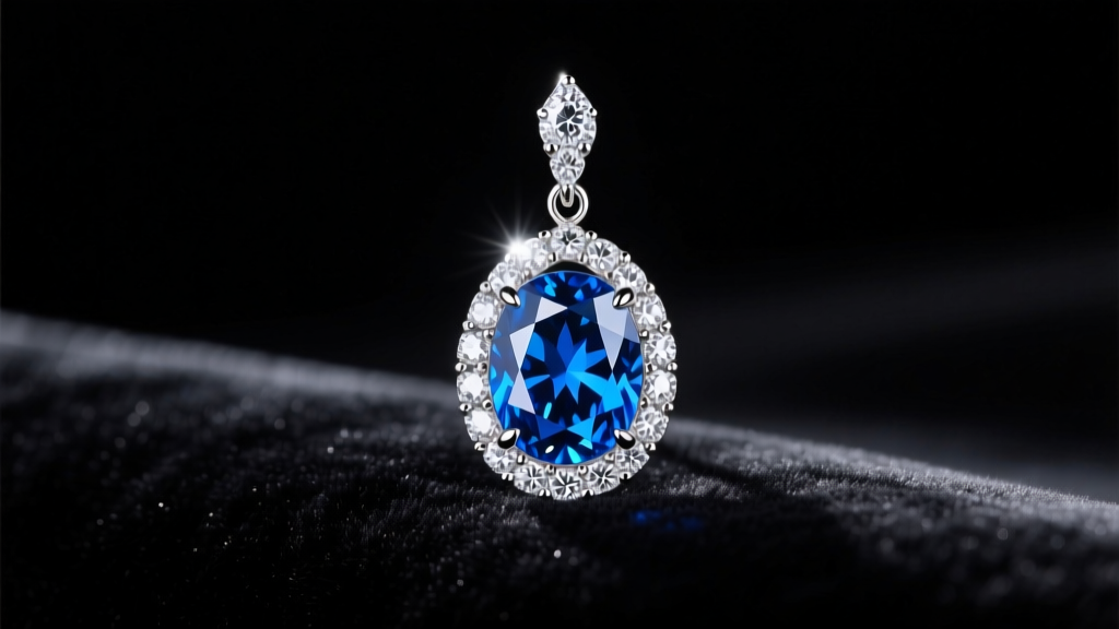 High-jewelry diamond drop earring on black velvet, showing a vivid blue diamond with a pavé halo under bright studio lighting.