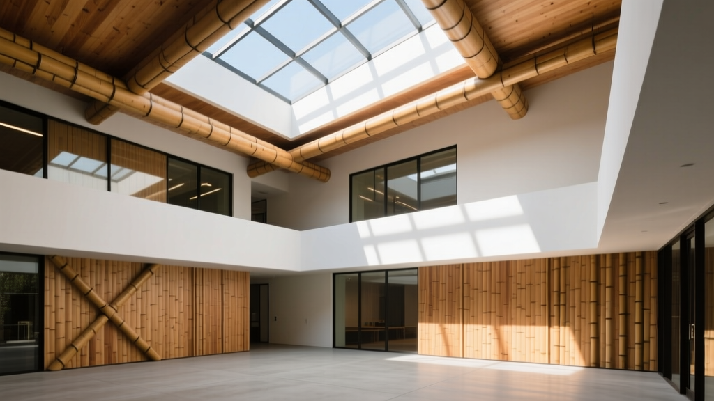 Modern two-story commercial building featuring exposed engineered bamboo glulam beams and cross-laminated bamboo wall panels in a sunlit atrium