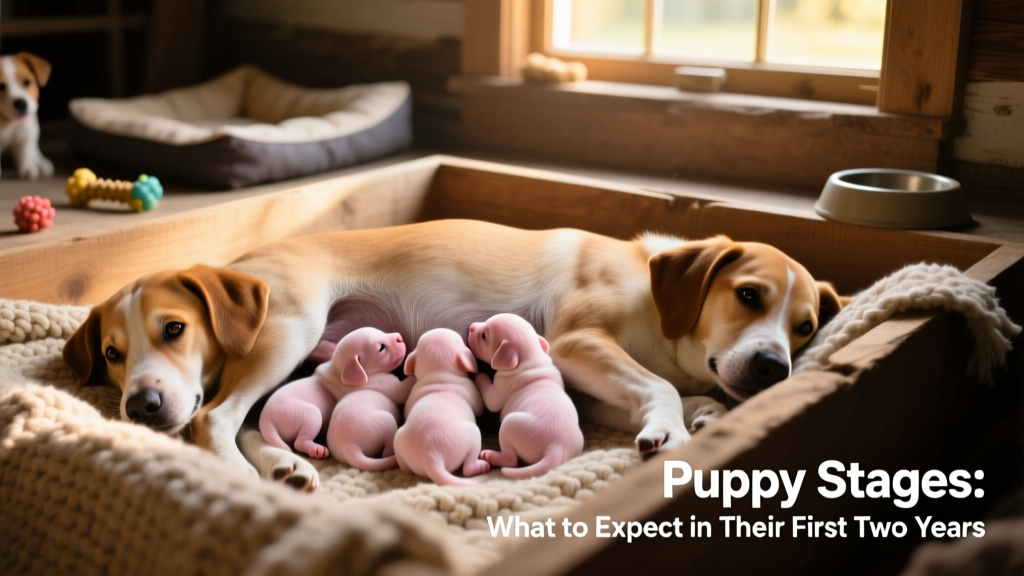 Newborn puppies nursing from their mother in a cozy whelping box
