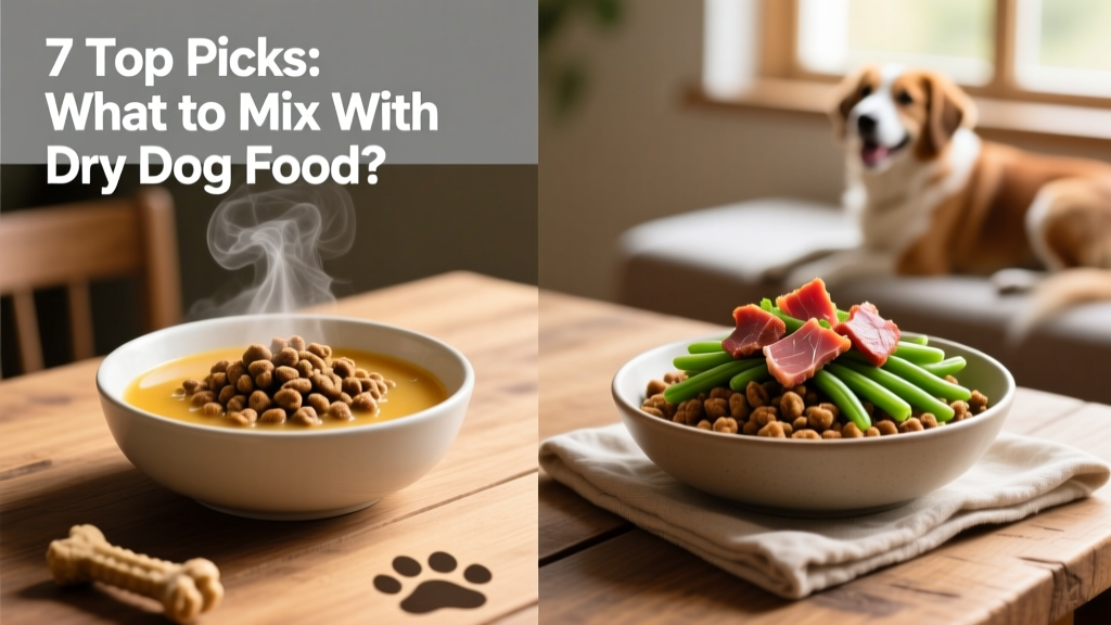 Side-by-side comparison: dry kibble mixed with warm broth vs. kibble topped with freeze-dried meat and steamed green beans