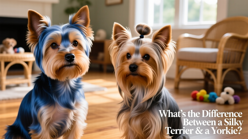 Close-up of two well-groomed dogs—one a Silky Terrier with a sleek, mid-length blue-and-tan coat; the other a Yorkie with floor-length hair tied in a soft top knot—showcasing coat texture and grooming style differences