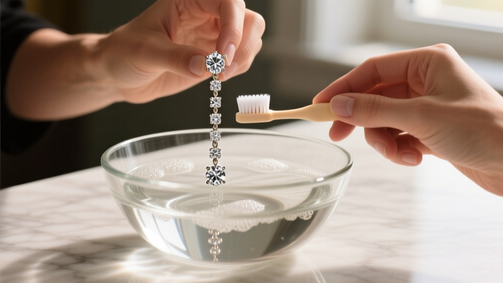 Hands gently cleaning a long diamond drop chain earring in a glass bowl of soapy water using a soft-bristled baby toothbrush.