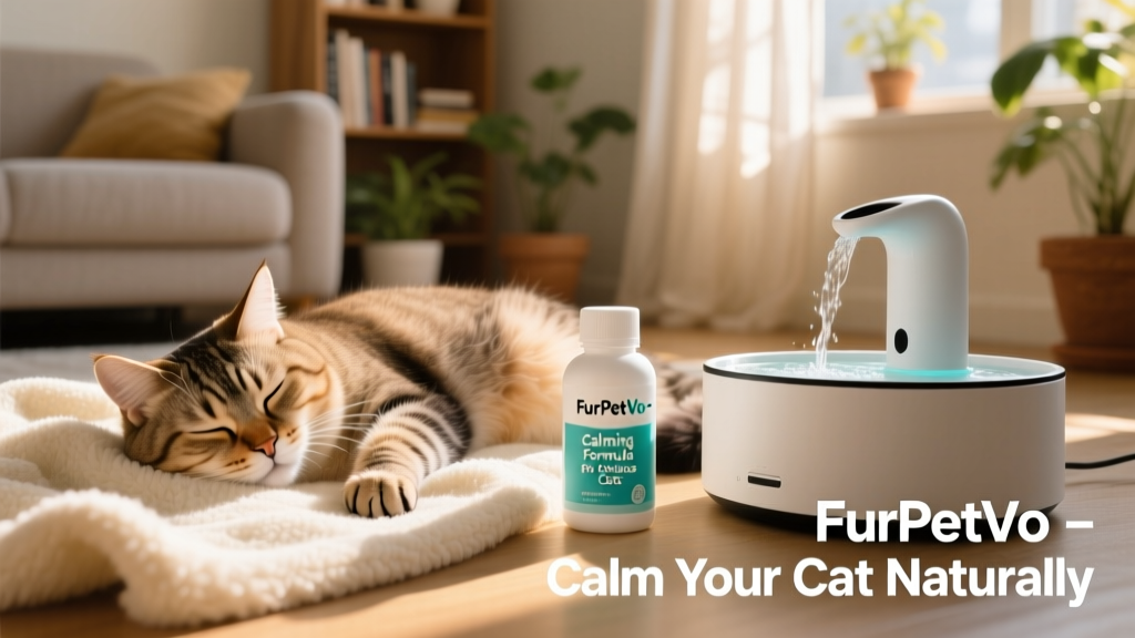 Happy, relaxed adult cat napping peacefully on a soft blanket beside a FurPetVo-branded calming supplement bottle and a water fountain