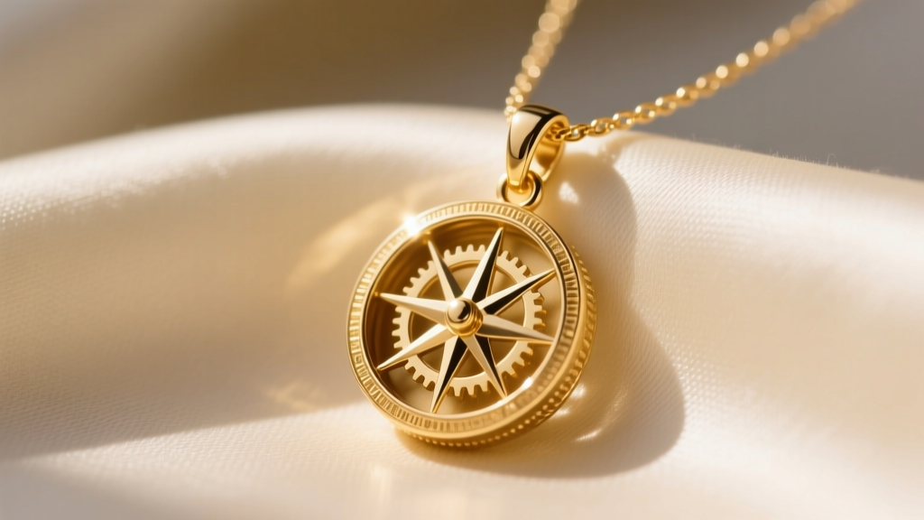 Close-up of a 14k solid gold interlocking compass pendant on a 1.2mm cable chain, resting on cream silk fabric in warm sunlight.