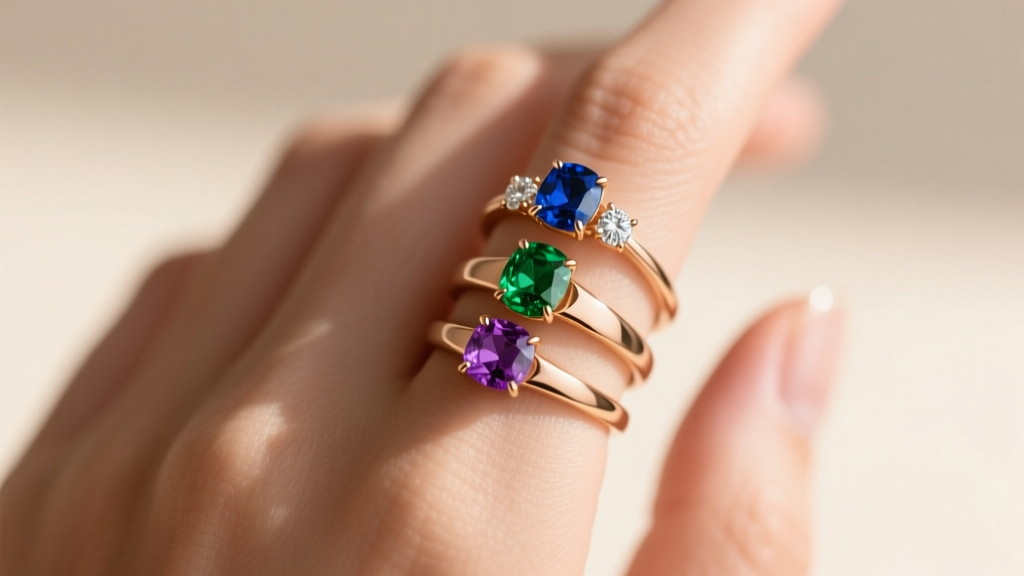 Close-up of a hand wearing three stackable 14k rose gold rings, each featuring a tiny flush-set diamond and bright birthstone
