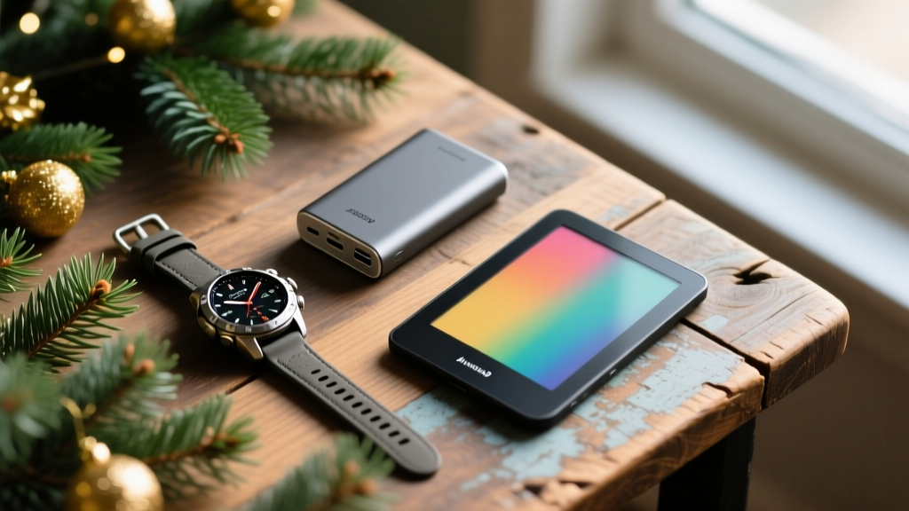 Overhead shot of a rugged GPS watch, power bank, and color e-reader on a rustic wooden table with festive pine branches