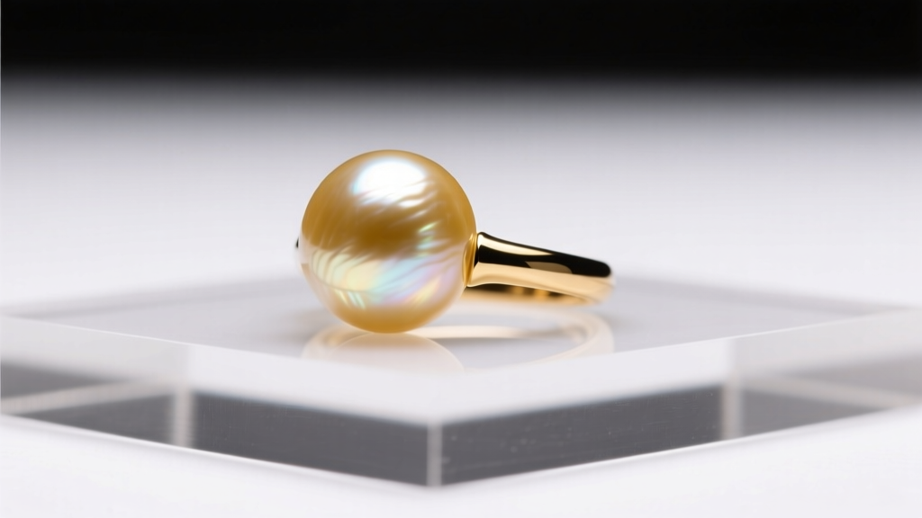Seller photographing a golden South Sea pearl ring on white acrylic using a softbox light and a macro lens camera setup
