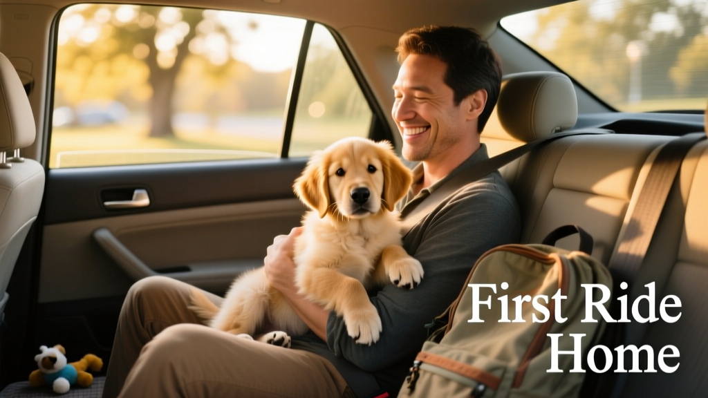 A smiling adult holding a golden retriever puppy on their lap while seated in a car, sunlight filtering through the window