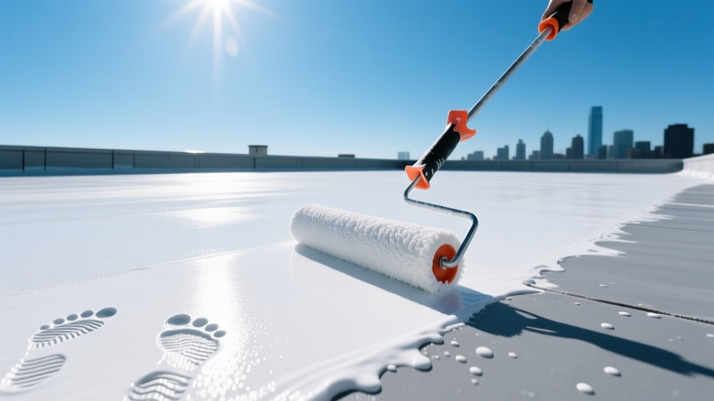 Commercial flat roof being coated with bright white high-solids silicone using a heavy-nap roller under clear sunny skies