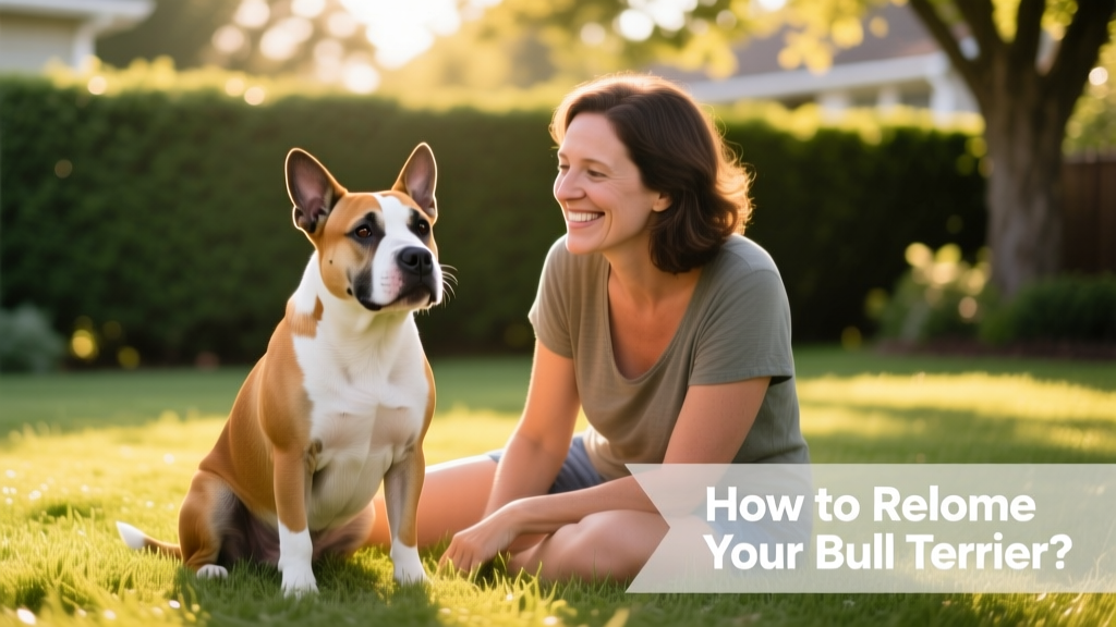 A calm, friendly Bull Terrier sitting beside a person on a grassy lawn