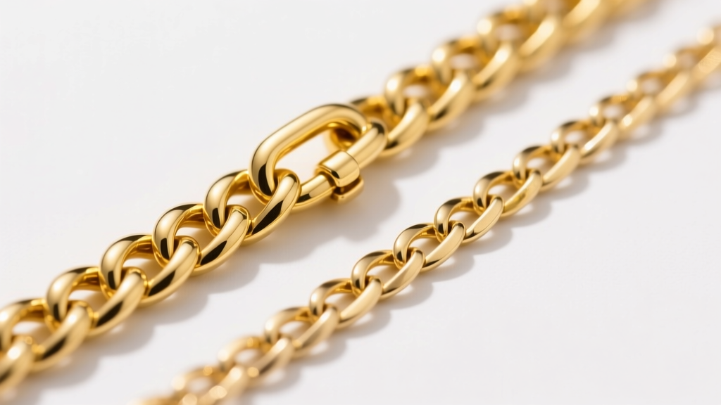 Macro photography comparing the clasp and link thickness of a solid 18k gold figaro chain next to a gold vermeil chain, highlighting the rich yellow hue difference under studio lighting