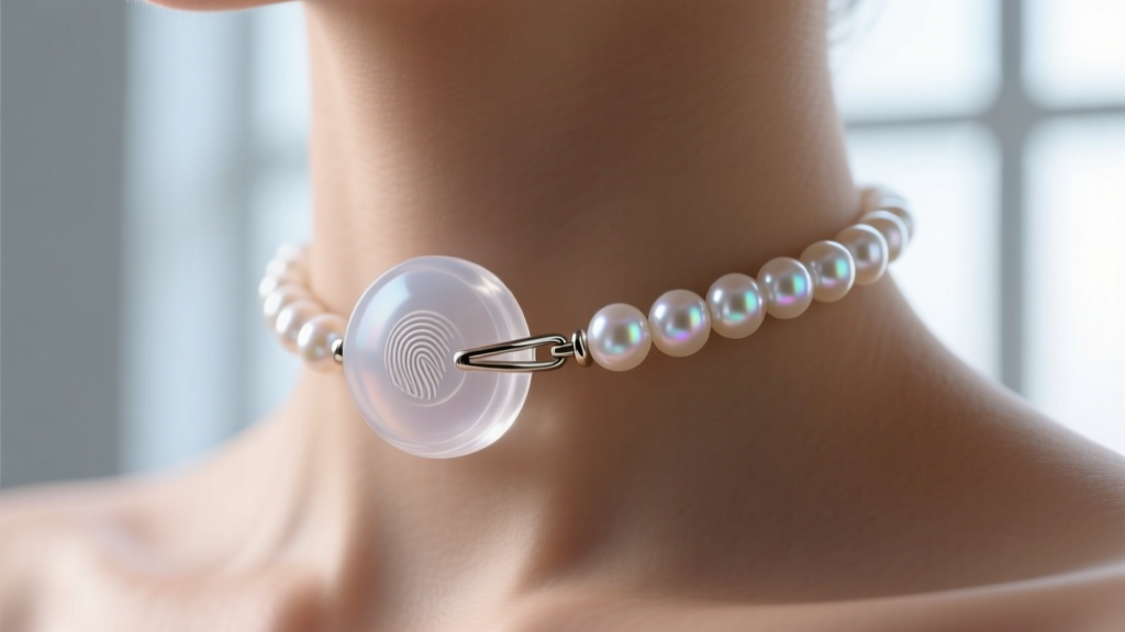 Macro shot of clear silicone jewelry stopper securing a pearl strand clasp at the nape of the neck, preventing lateral sliding.