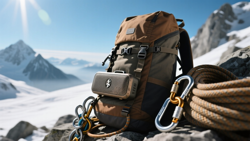 Rugged Bluetooth speaker strapped to an expedition pack next to climbing ropes and carabiners at a high-altitude basecamp.
