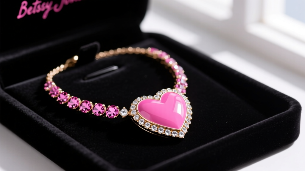 Vibrant pink enamel Betsey Johnson heart necklace with glass rhinestones resting on a black velvet jewelry display tray