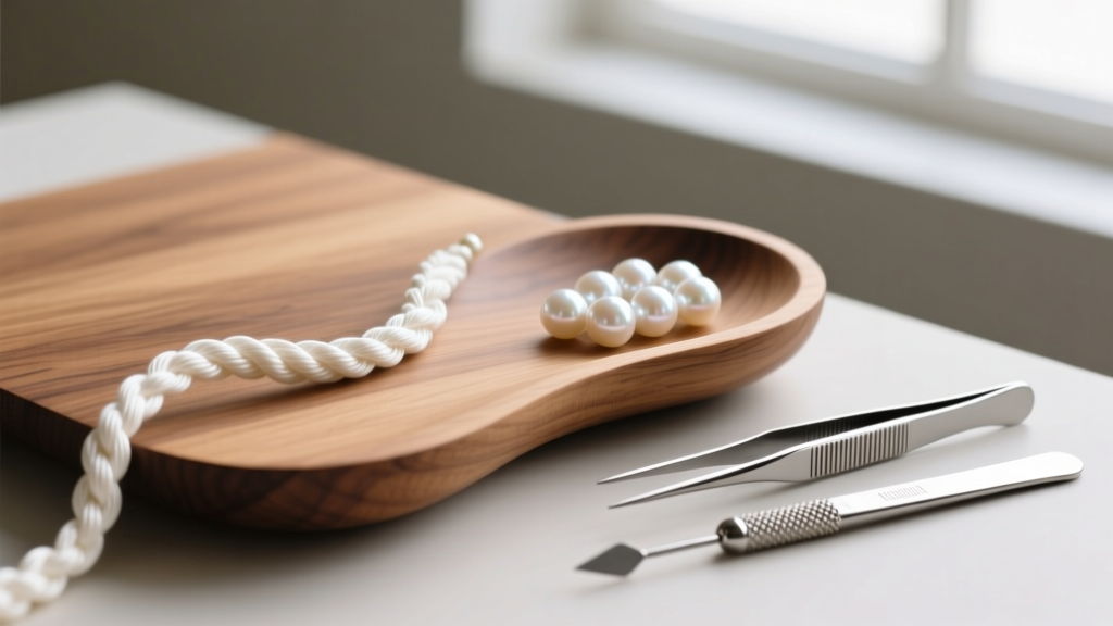 Wooden bead board with knotted white silk thread next to freshwater pearls, fine tweezers, and a steel beading awl resting nearby.