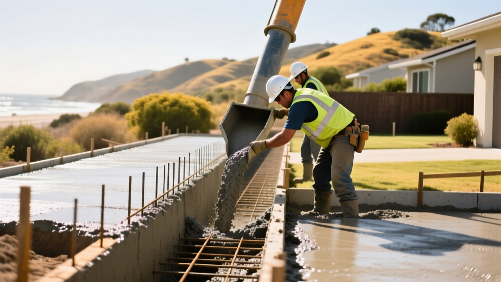 Workers pouring sulfate-resistant concrete into a reinforced trench foundation in a sunny San Diego suburban backyard with coastal hills