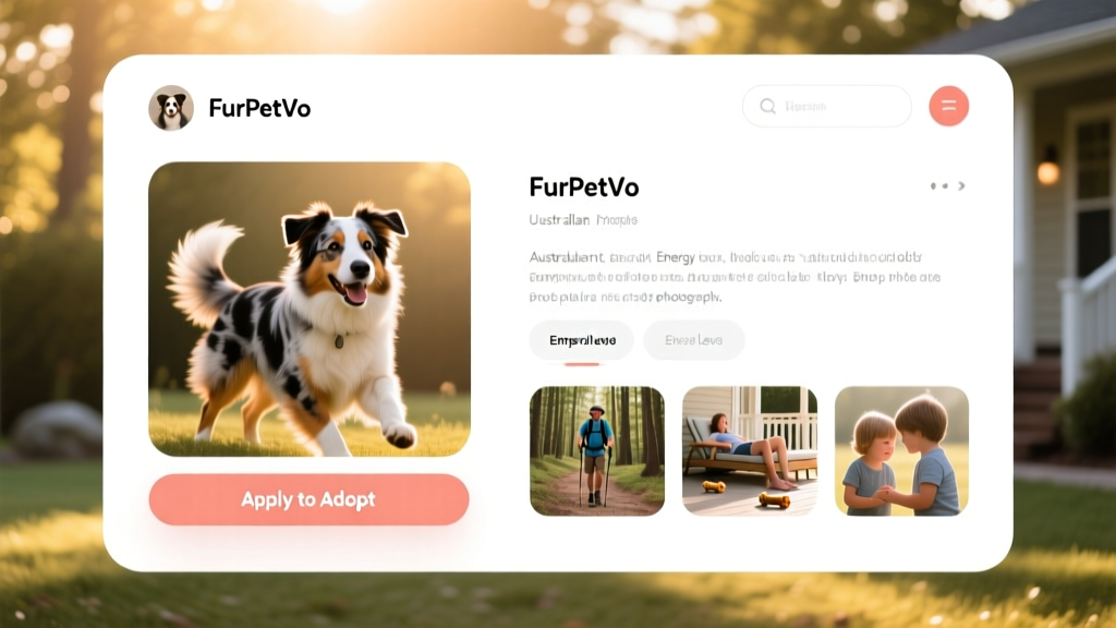 Screenshot-style image showing a clean, user-friendly FurPetVo profile page for an Australian Shepherd, with photos, bio, and 'Apply to Adopt' button