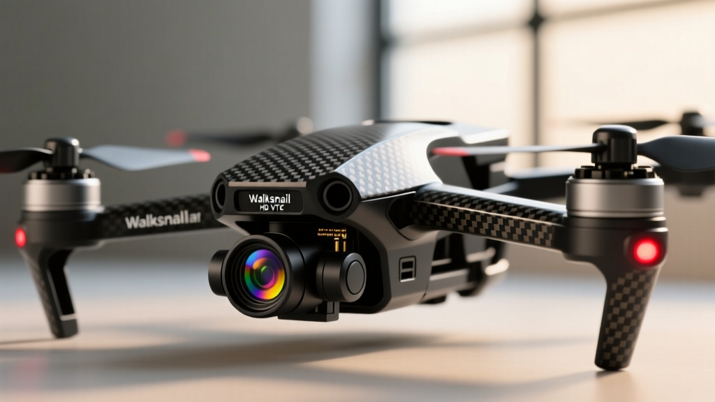 Close-up of a 5-inch carbon fiber FPV freestyle drone equipped with a Walksnail Avatar HD VTX and polarized ND filters on the lens.
