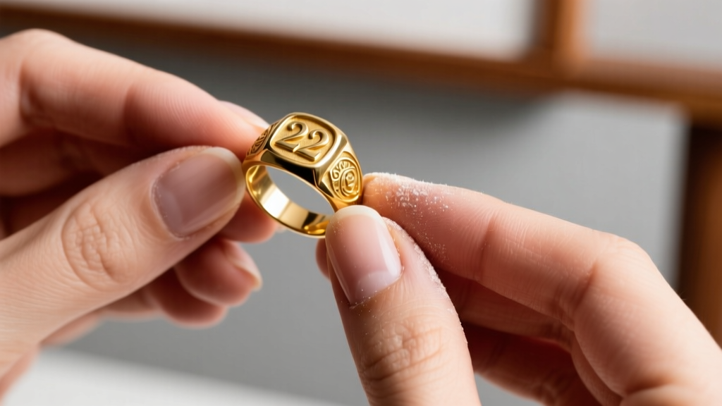 Stylist hands examining a vintage 22k gold signet ring with a jeweler's loupe against dark velvet in warm lighting.