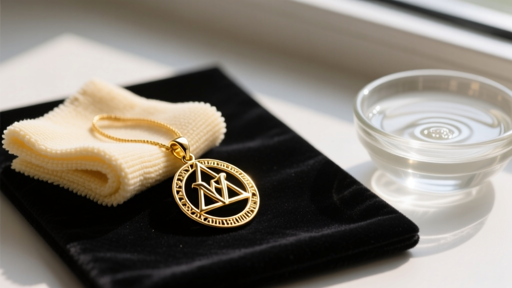 Microfiber cloth polishing a gold-plated Deathly Hallows pendant over a dark mat, beside a small glass bowl of mild soapy water.