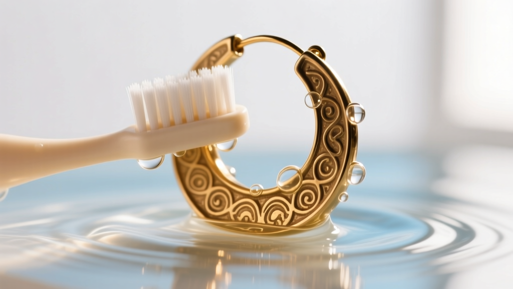 Close-up of a soft baby toothbrush gently scrubbing the edge of a large brass disk earring submerged in warm soapy water