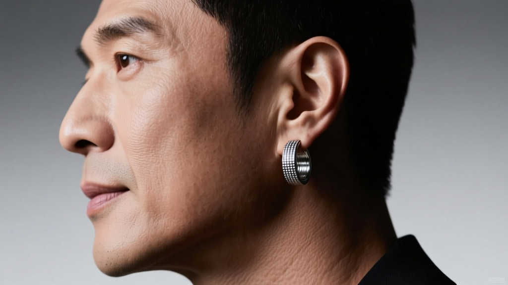 Side profile of a man with a strong jawline wearing an 8mm textured silver huggie earring, studio lighting highlighting metal texture