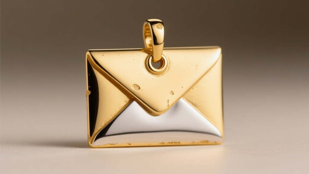 Macro shot of a gold vermeil envelope pendant showing slight wear on the latch edge, revealing the sterling silver base underneath.