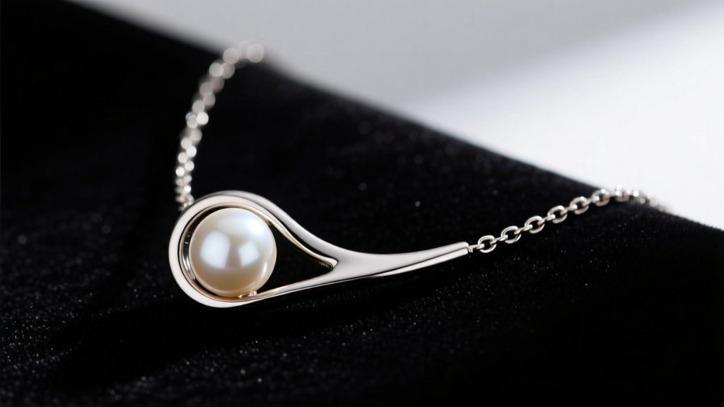 Close-up of an asymmetrical half pearl half chain necklace resting on dark velvet, highlighting the metal-to-pearl junction point.