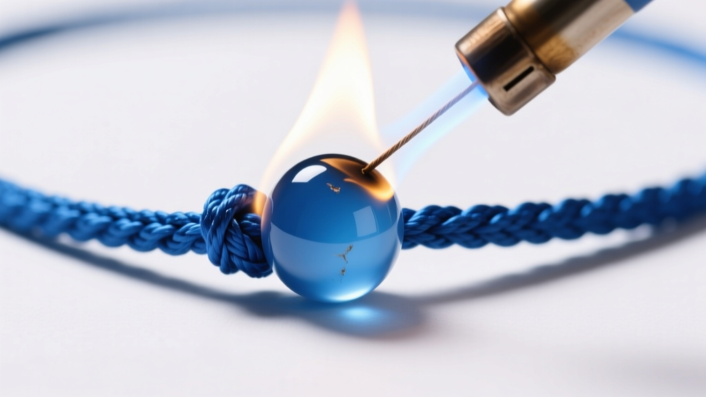 Thread burner melting the tip of a blue polyester necklace cord, creating a smooth sealed bead to stop the knot from slipping